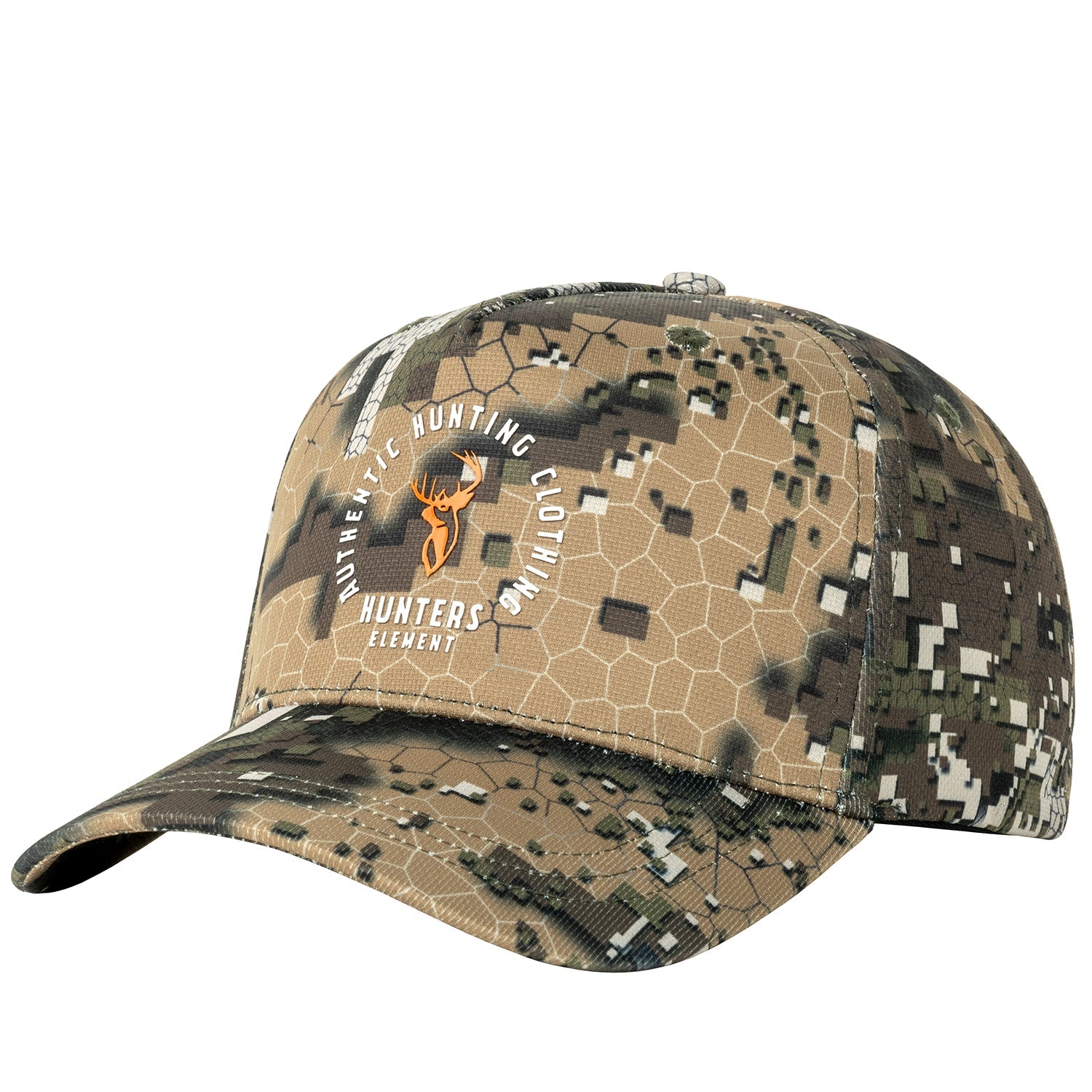 A camouflage cap with a curved peak and a logo on the front.