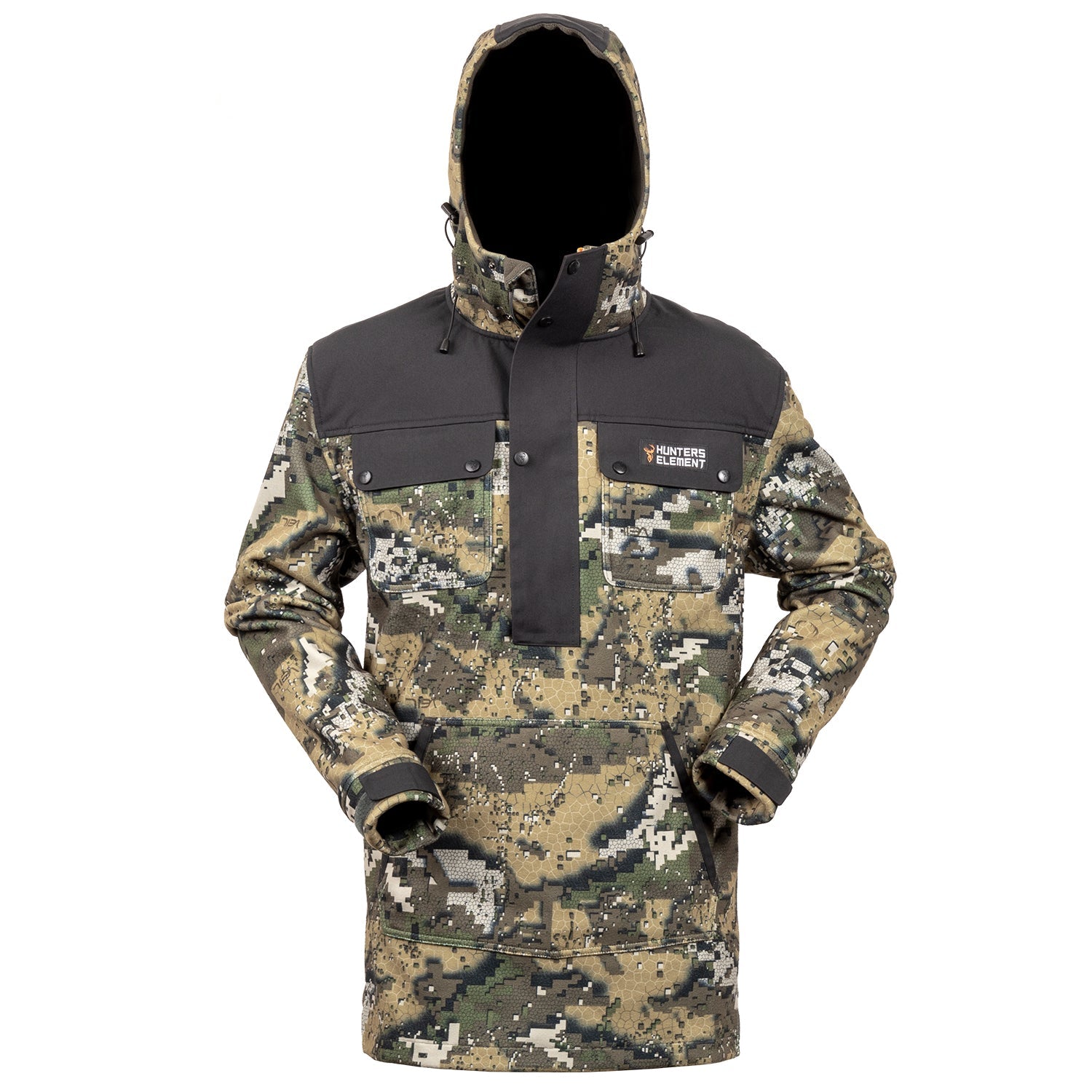 A black half zip bush coat with a hood, featuring multiple pockets and a brand logo on the chest.