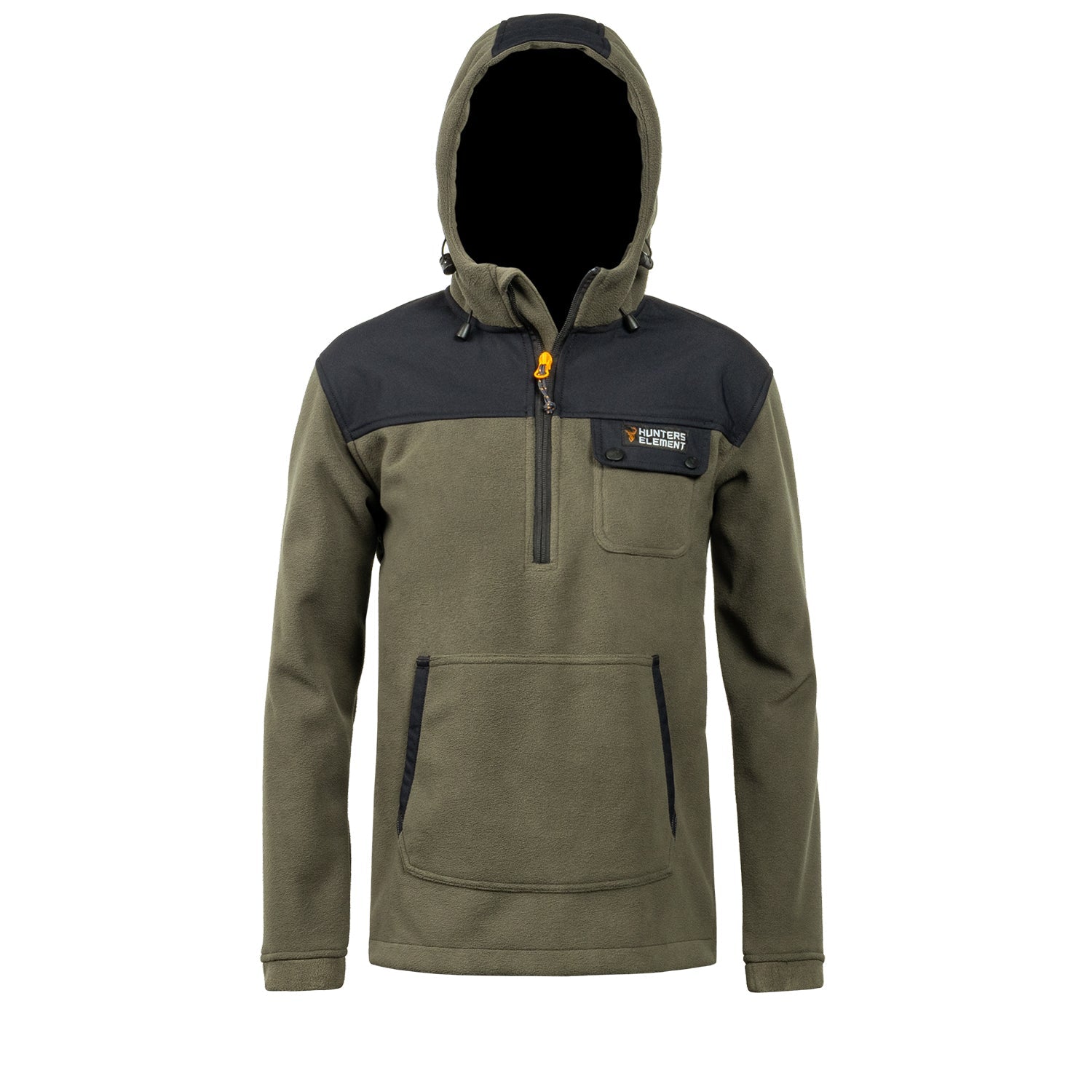 A kid's half zip bush coat in green color with a hood, featuring a chest pocket and made from recycled plastic bottles fabric.
