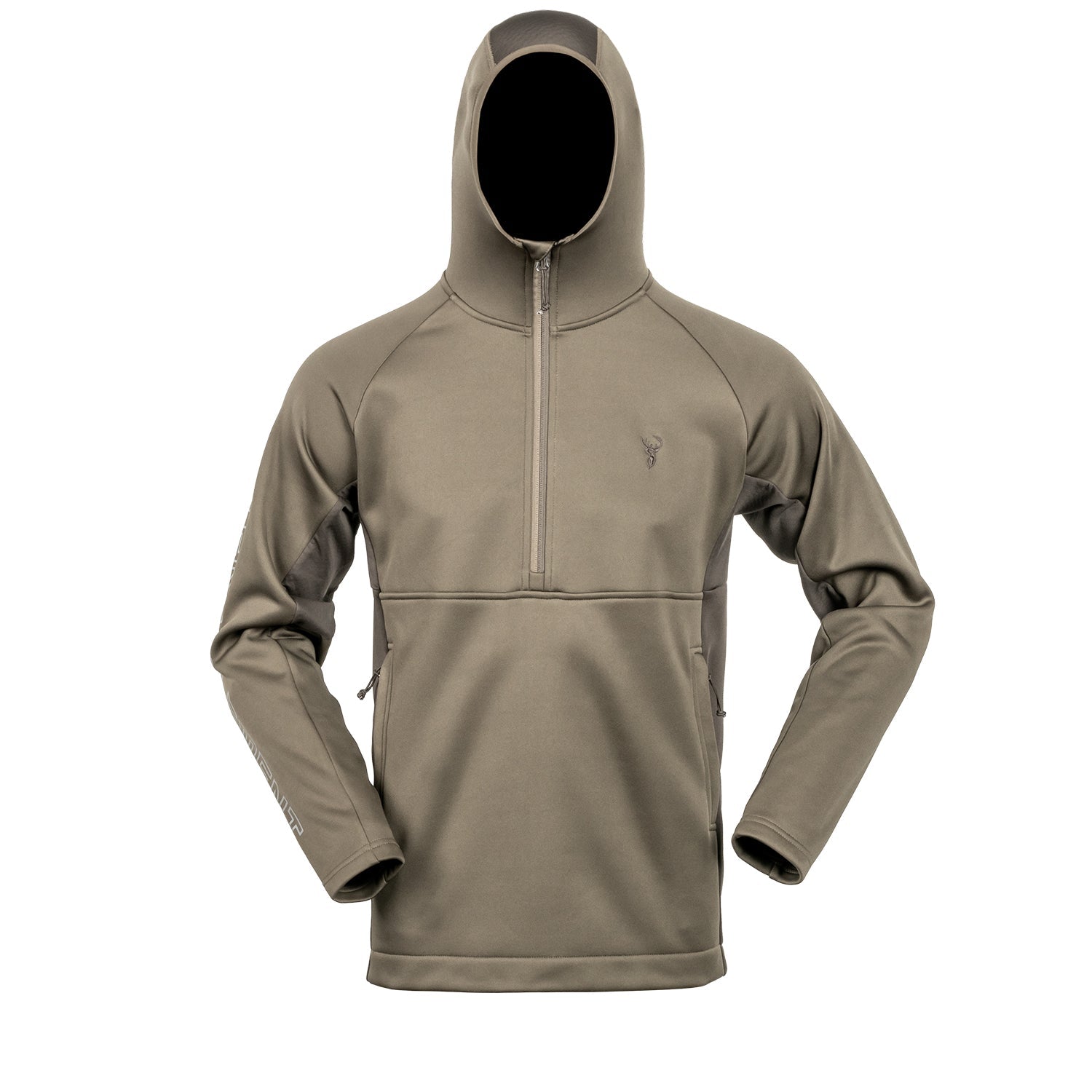 A gray hoodie with a hood, featuring a front zipper and underarm fleece detailing, made from recycled plastic bottles.