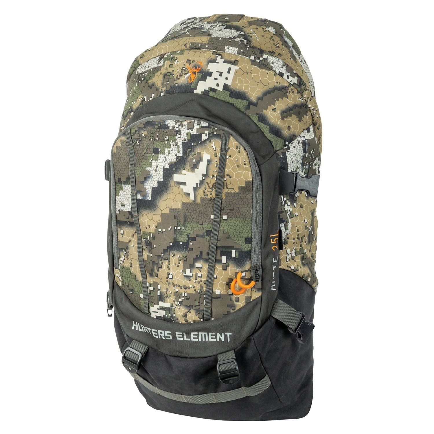 A green and black hunting backpack with camouflage pattern and orange accents, featuring multiple compartments and a rifle scabbard attachment.