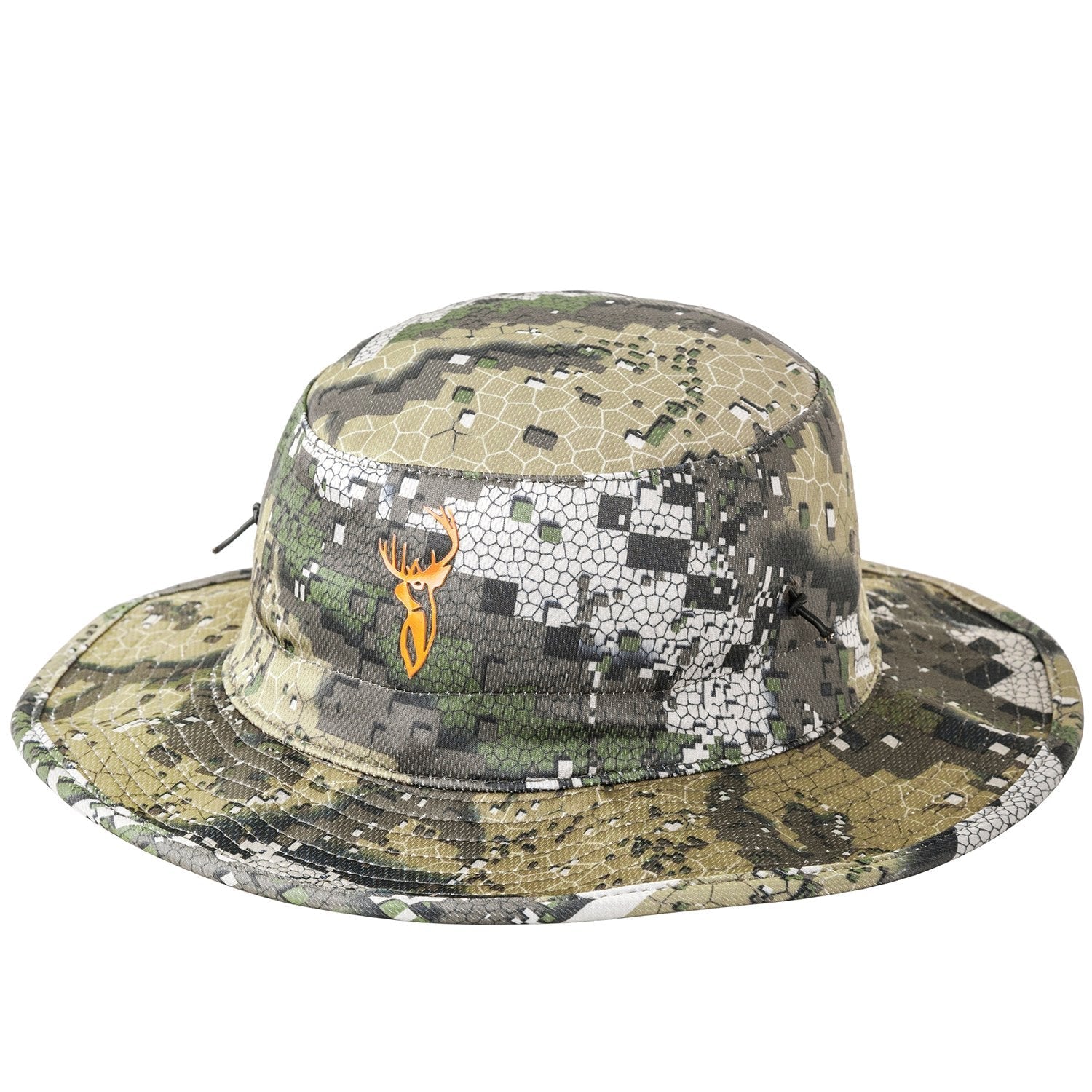 A camouflage boonie hat with a logo on the front.