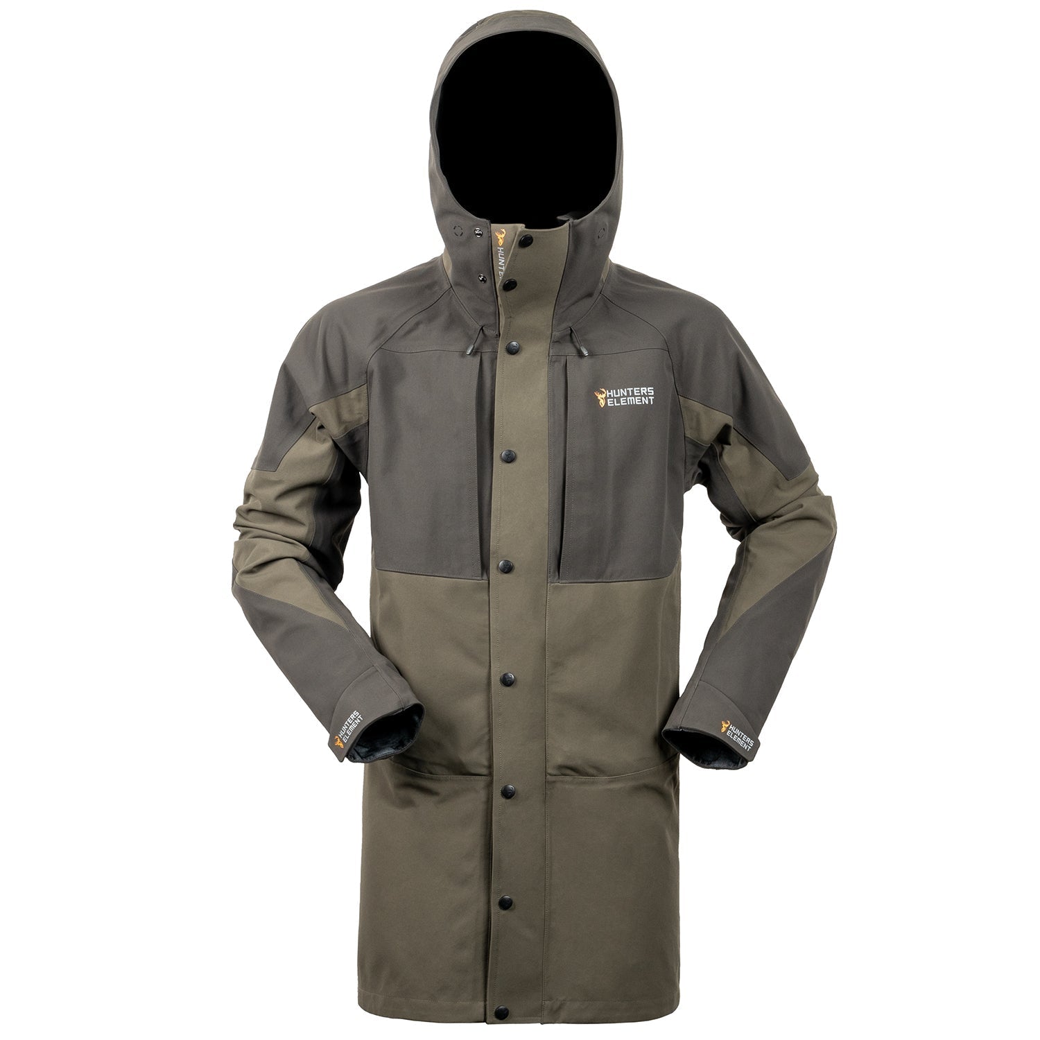A long, heavy-duty waterproof jacket with a hood, made from recycled nylon, designed for outdoor activities.