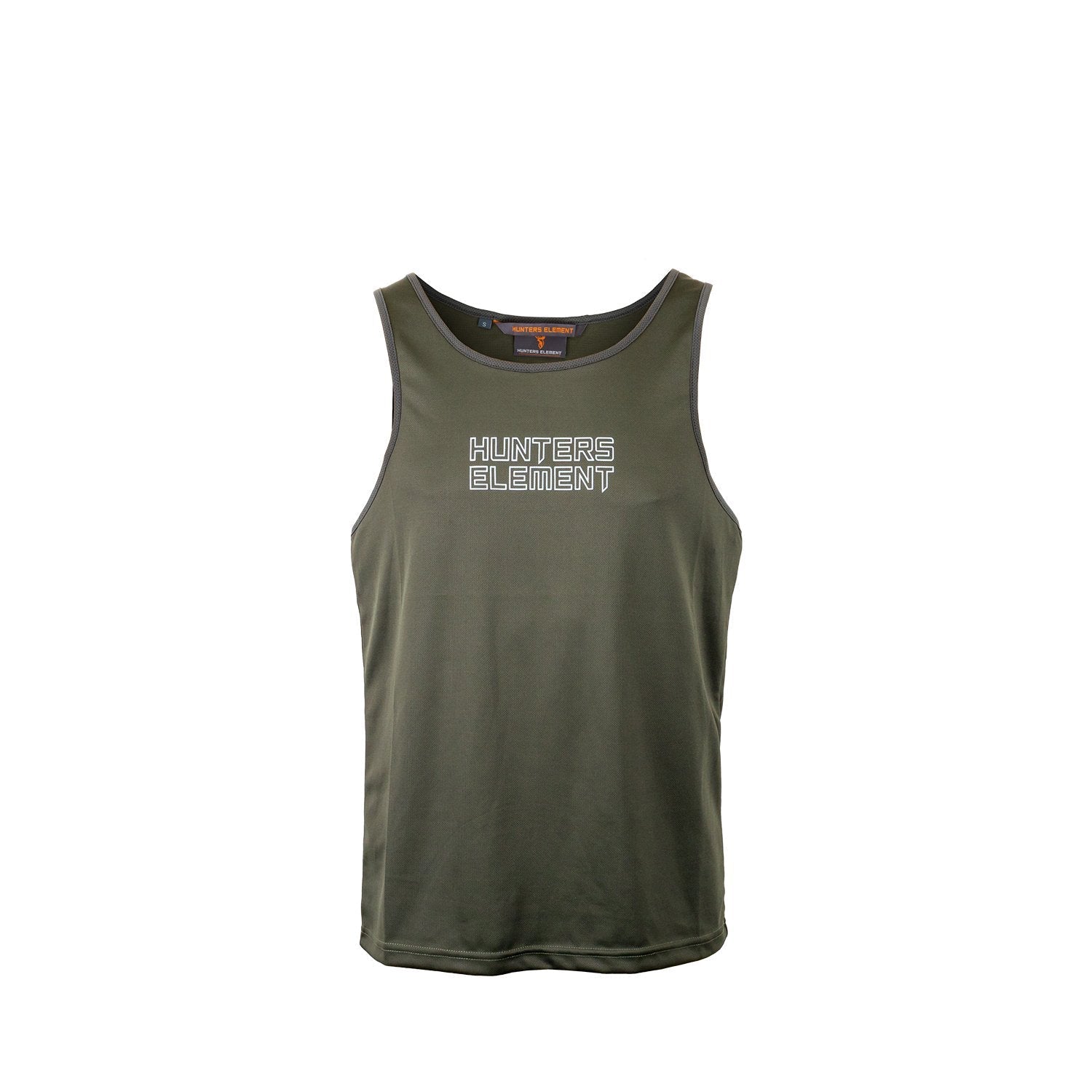 A camouflage singlet designed for outdoor activities, with a brand logo on the chest.