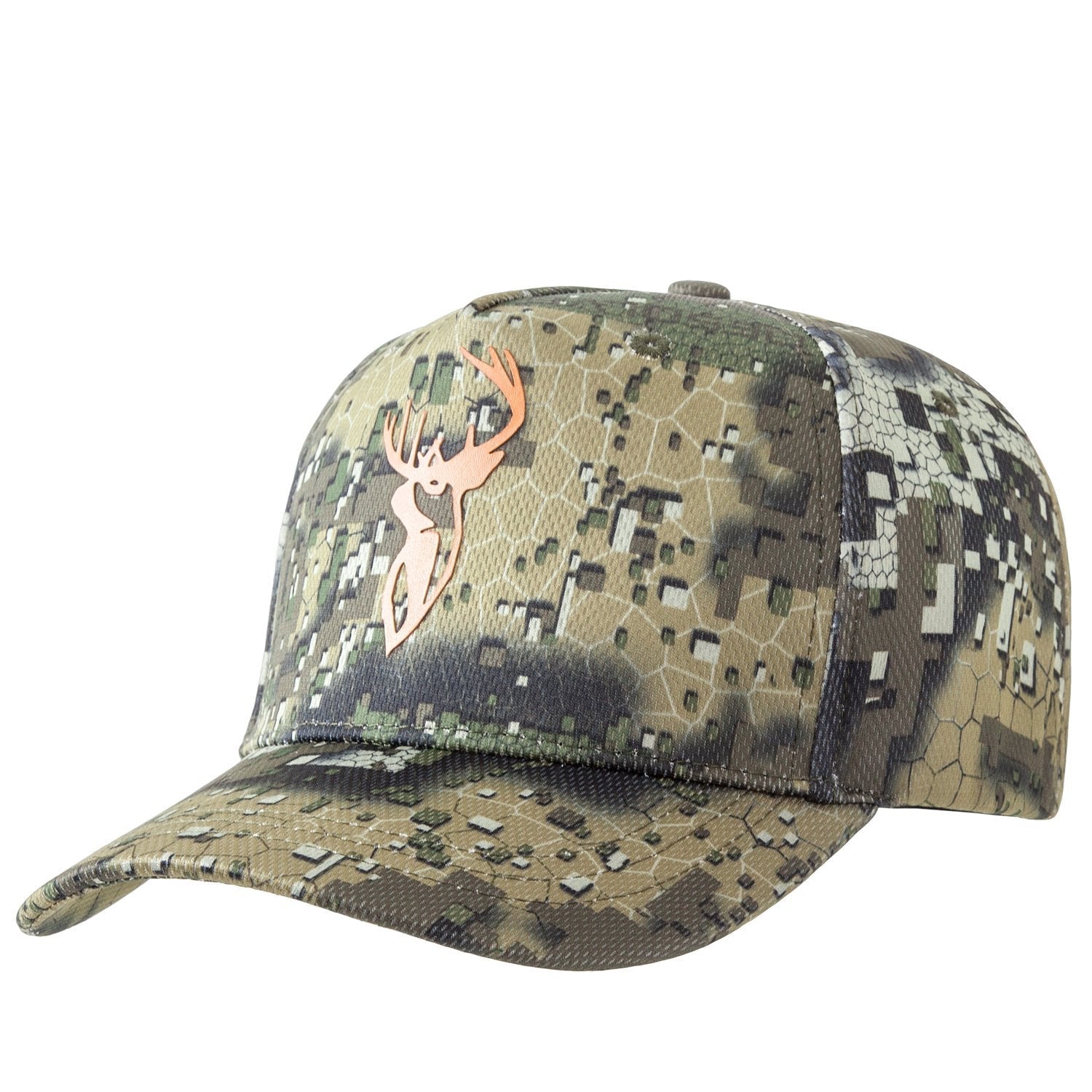 A camouflage cap with a pattern resembling leaves and a graphic of a stag (deer) in orange on the front.