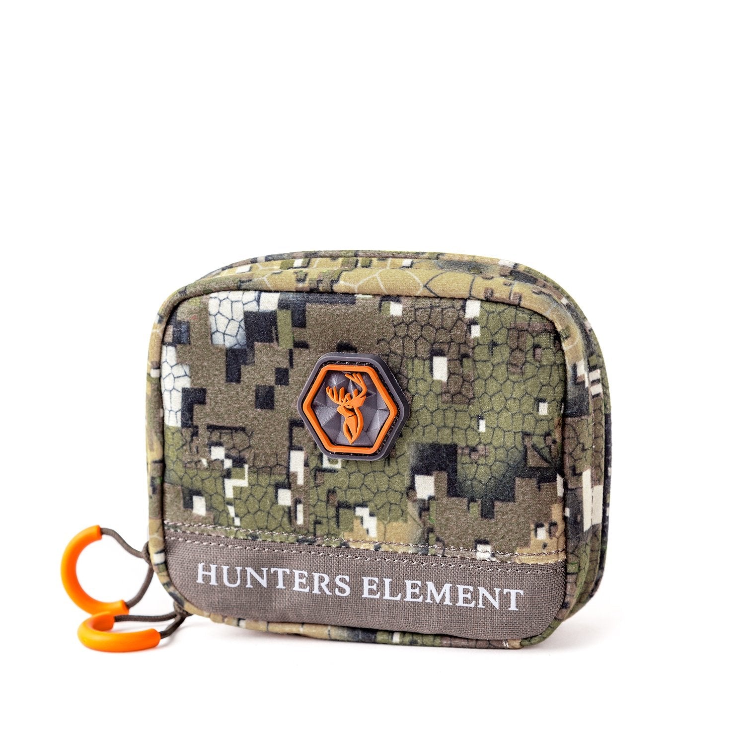 A camouflaged Hunters Element ammo pouch with a 10 round capacity display, featuring internal mesh pockets and AnchorLOK attachment system.
