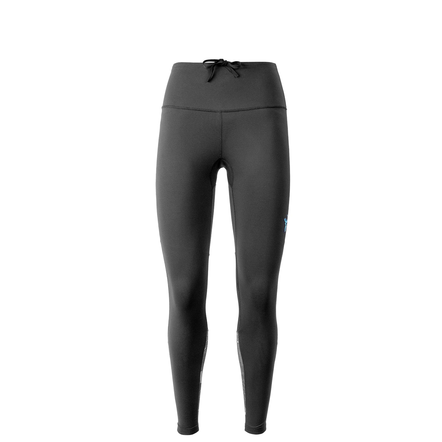 A pair of high-waisted women's leggings with a camouflage pattern and a black waistband.