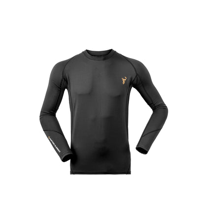 A long-sleeved base layer shirt with a camouflage pattern designed for hunting and outdoor activities, featuring a athletic cut and compression fabric.