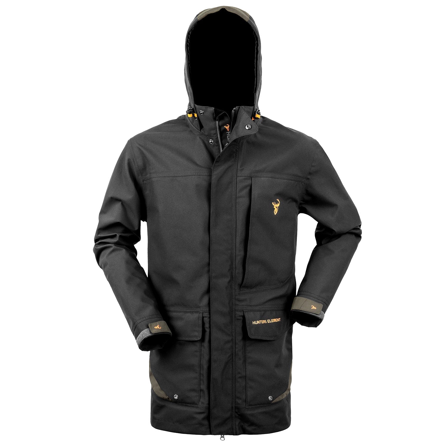 Black jacket with a brand logo on a white background, featuring a recycling symbol and text.