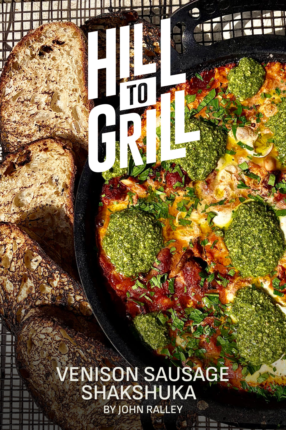 Venison sausage shakshuka with bread on a grill, featuring 'Hill to Grill' branding.