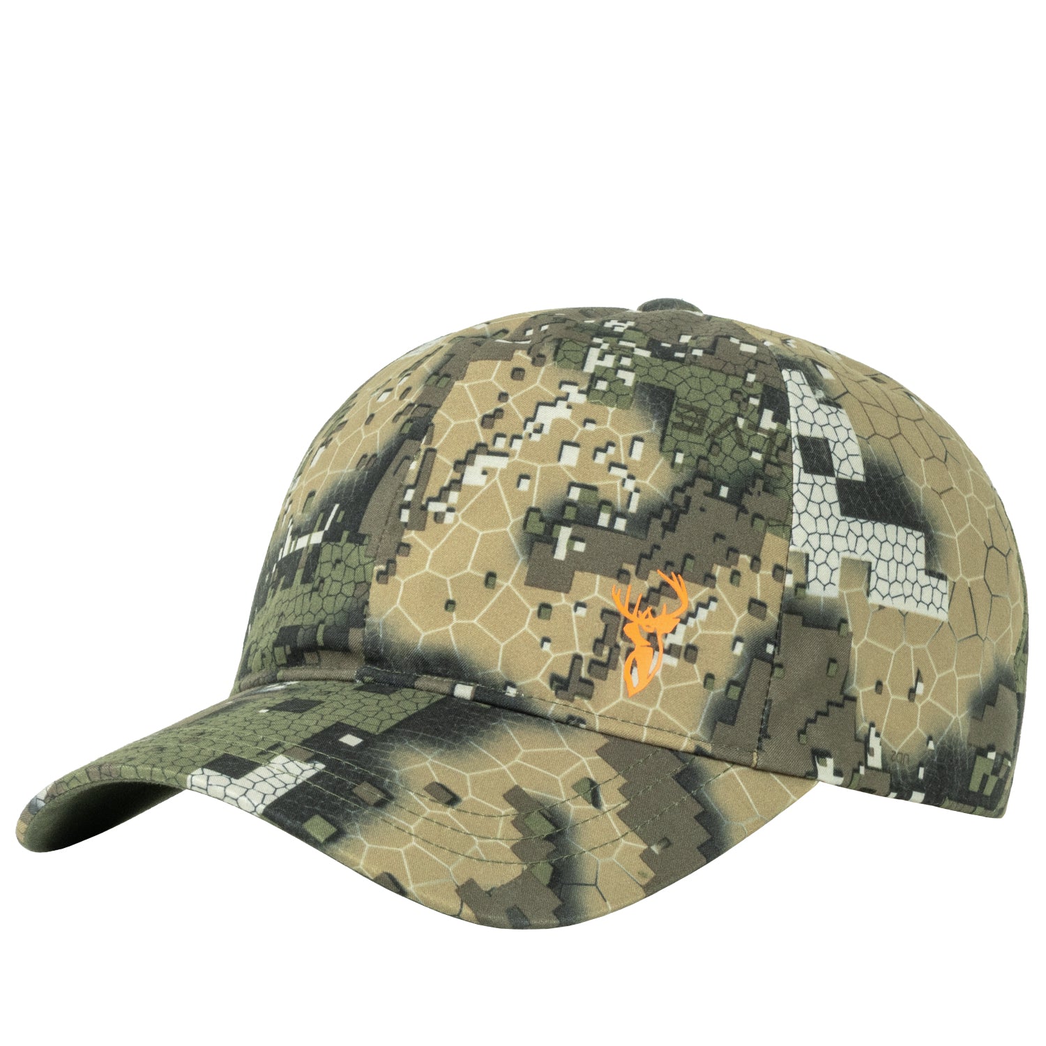 Camouflage baseball cap with an orange logo on a white background
