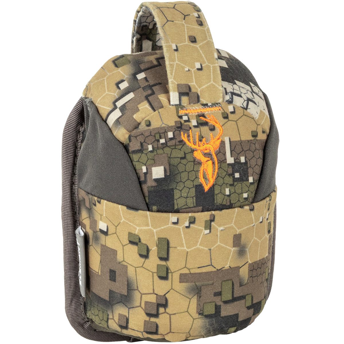 Camouflage backpack with a brand logo on a white background