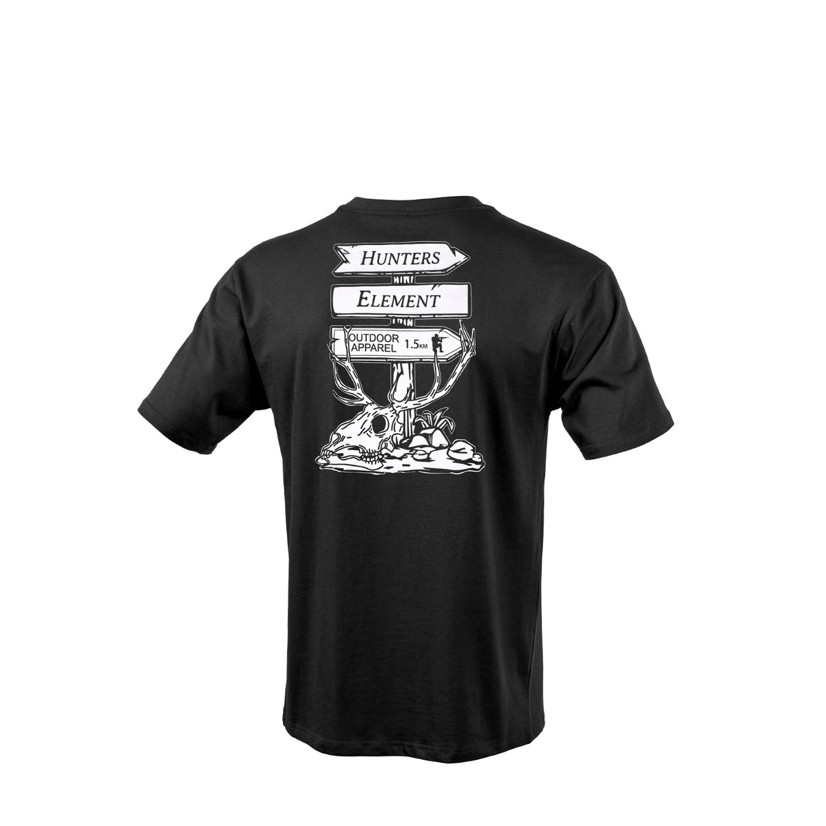 Black t-shirt with white graphic and text on a white background