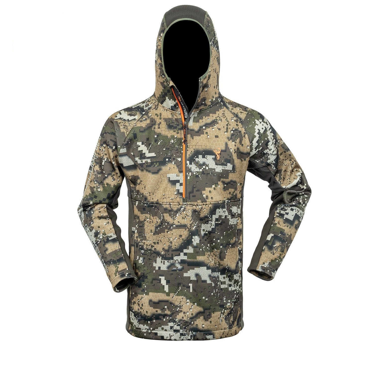 A gray hoodie with a hood, featuring a front zipper and underarm fleece detailing, made from recycled plastic bottles.